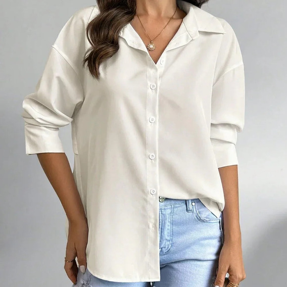 Apricot Casual Women's Solid Color Drop Shoulder Long Sleeve Back Pleated Shirt - Picture 3 of 5